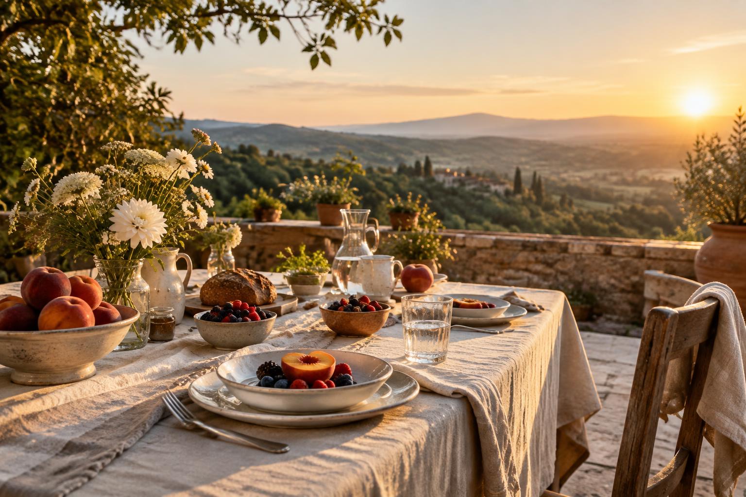 A sunlit breakfast table overlooking a green valley at sunrise