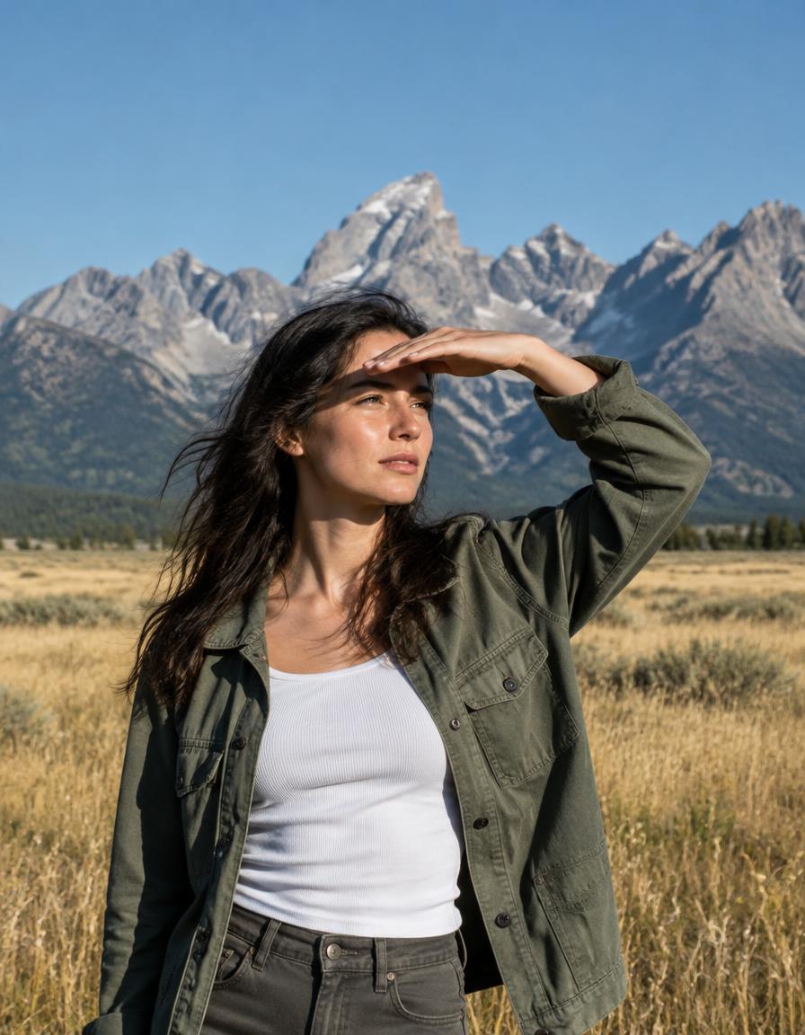 Woman in a prairie before mountains