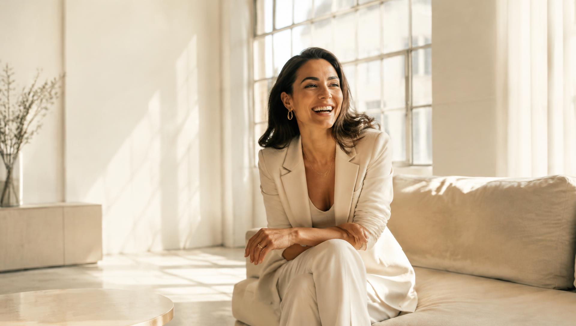 Ashley laughing in a sunlit loft